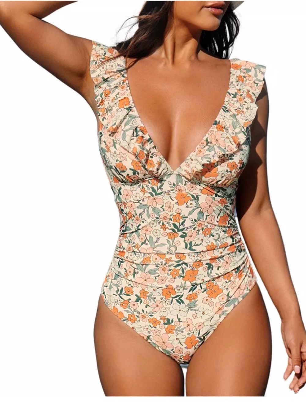 Cupshe Floral Tie-Shoulder Swim Camisole in Cream and Orange